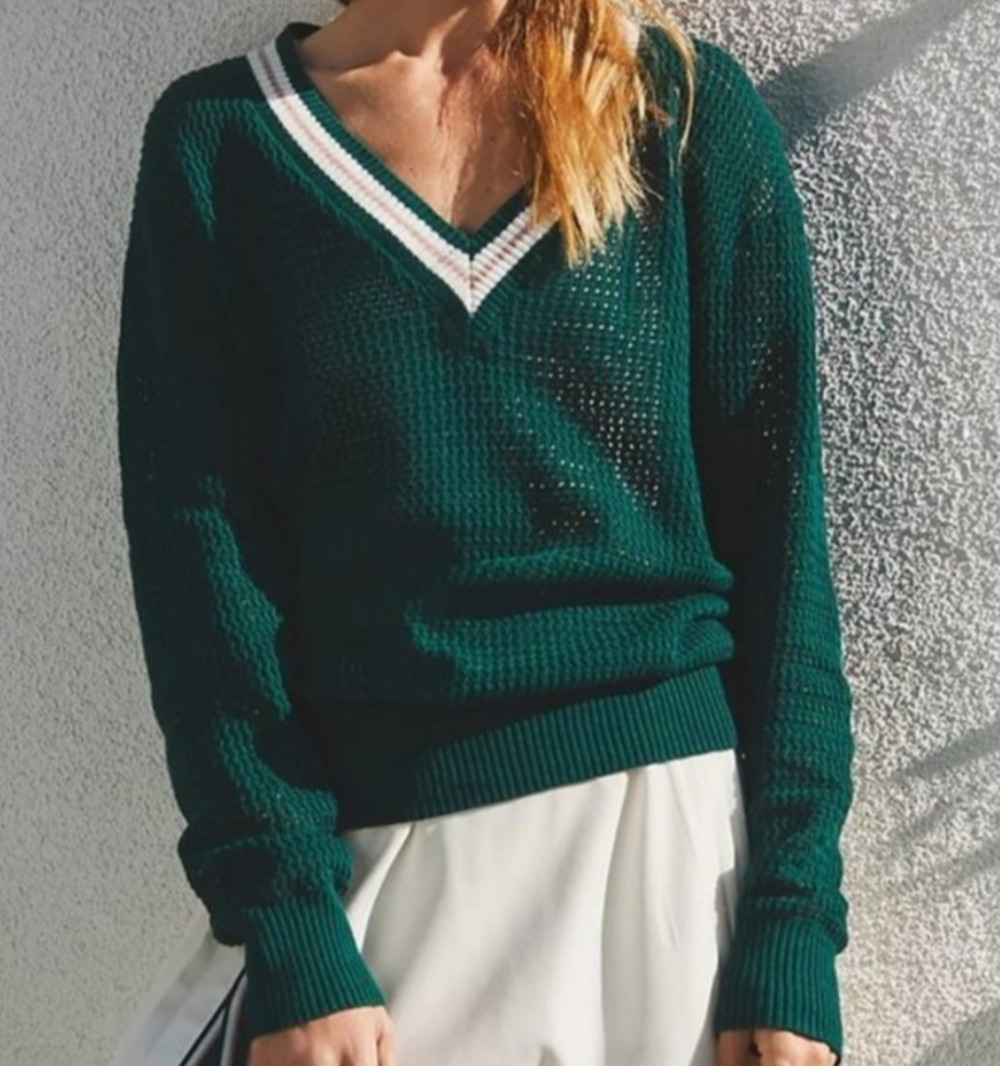 Varley Cotton Green Open Knit V Neck Hadley Sweater Size Small Preppy Tennis